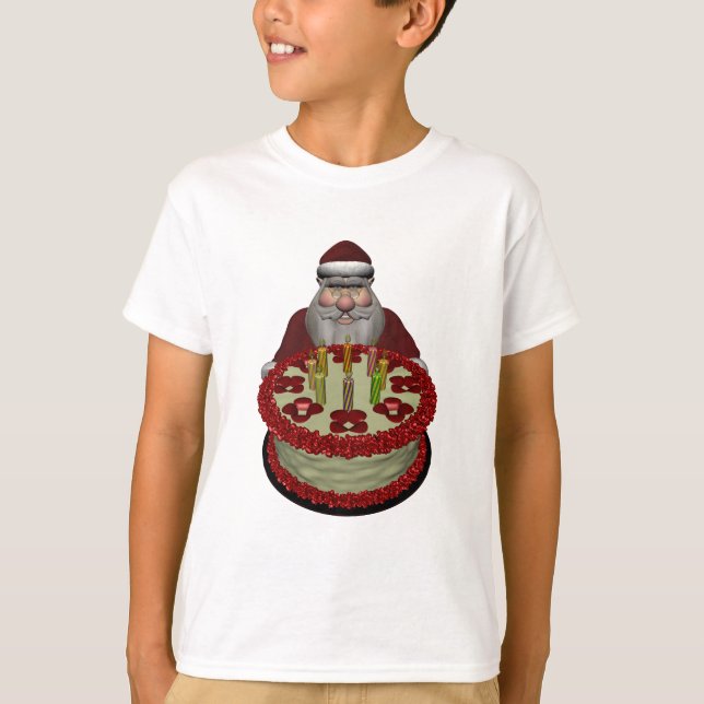 Weihnachtsmann mit Geburtstagskuchen T-Shirt (Vorderseite)