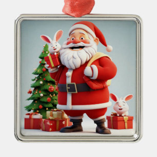 Weihnachtsmann mit Geschenk und Kaninchen Ornament Aus Metall
