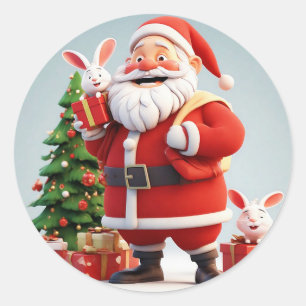 Weihnachtsmann mit Geschenk und Kaninchen Runder Aufkleber