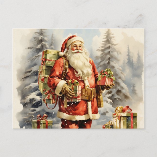 Weihnachtsmann mit Geschenken Feiertagspostkarte (Vorderseite)
