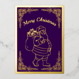 Weihnachtsmann mit Geschenken, in Lila, Gold Folien Feiertagskarte