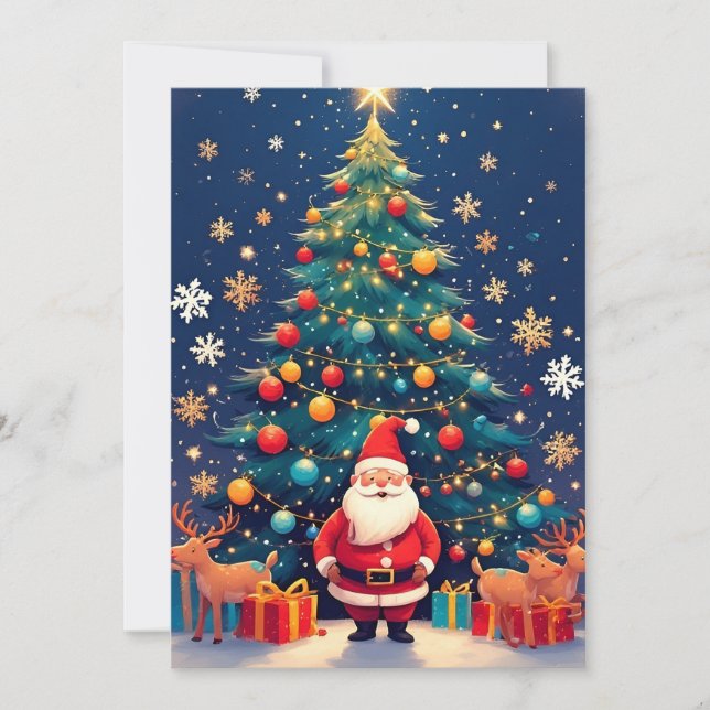 Weihnachtsmann mit Geschenken und Weihnachtsbaum Karte (Vorderseite)