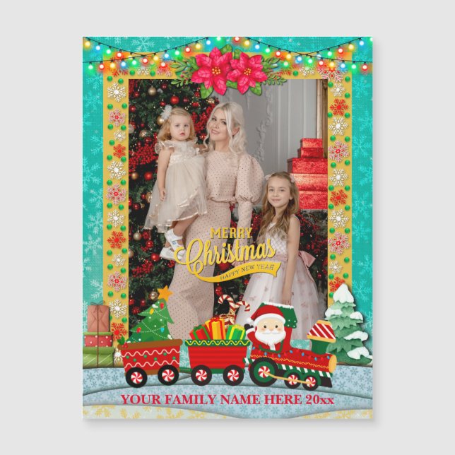 Weihnachtsmann mit Geschenken und Weihnachtsbaum Magnetkarte (Vorderseite)