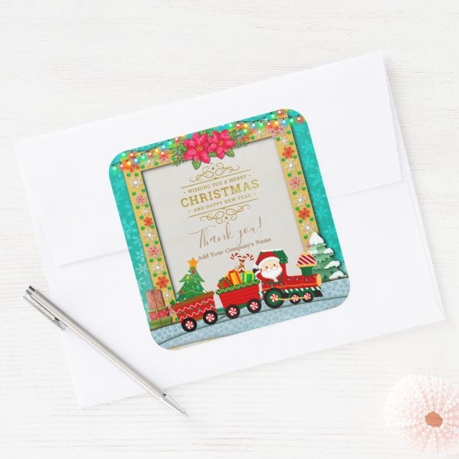 Weihnachtsmann mit Geschenken und Weihnachtsbaum Quadratischer Aufkleber (Umschlag)