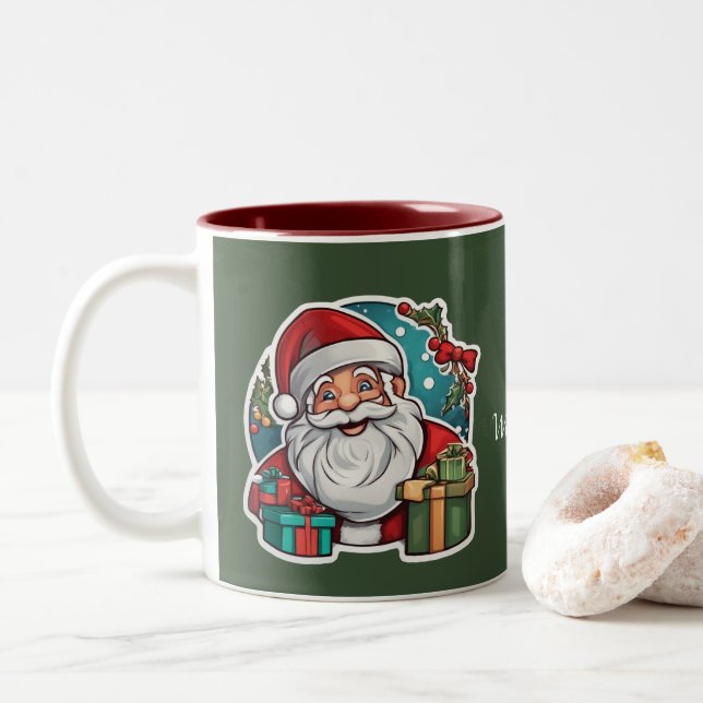 Weihnachtsmann mit Geschenken - Zweifarbige Tasse (Mit Donut)