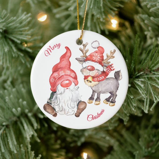 Weihnachtsmann mit Gnome Keramik Ornament (Baum)