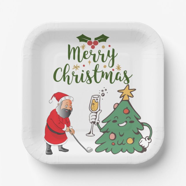Weihnachtsmann mit Golfball Frohe Weihnachtsgolfer Pappteller (Vorderseite)