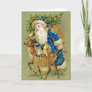 WEIHNACHTSMANN MIT HIRSCHEN UND WEIHNACHTSGESCHENK FEIERTAGSKARTE