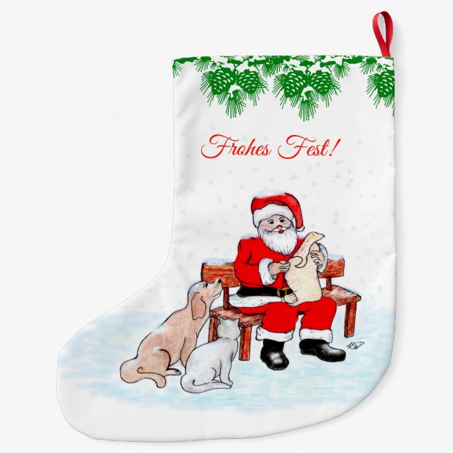 Weihnachtsmann mit Hund und Katze auf Deutsch Großer Weihnachtsstrumpf (Rückseite)
