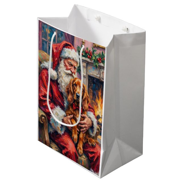 Weihnachtsmann mit Irisch-Rotem Setter Weihnachtsk Mittlere Geschenktüte (Vorderseite Schrägansicht)