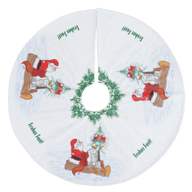 Weihnachtsmann mit Kaninchen Fox und Eichhörnchen Fleece Weihnachtsbaumdecke (Vorderseite)