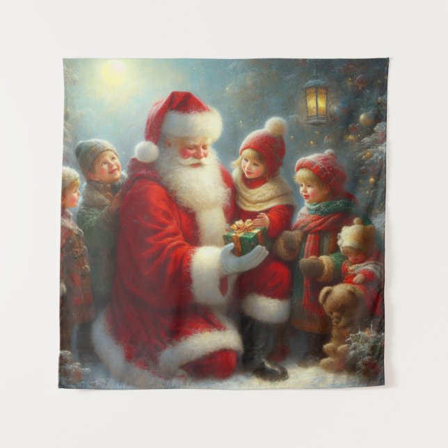 Weihnachtsmann mit Kindern 2 Wandteppich (Vorderseite)