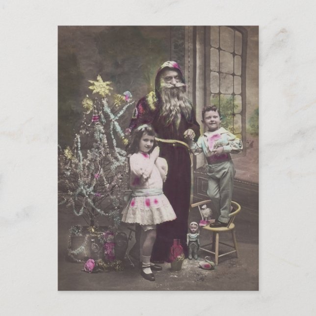 Weihnachtsmann mit Kindern, Christbaum, Vintag Postkarte (Vorderseite)