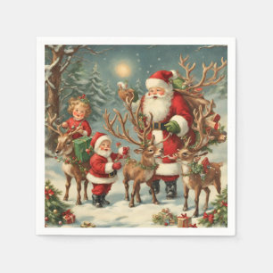 Weihnachtsmann mit Kindern, Rentieren und Geschenk Serviette