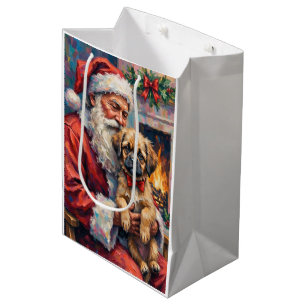 Weihnachtsmann mit Lhasa Apso Weihnachtskunst Mittlere Geschenktüte