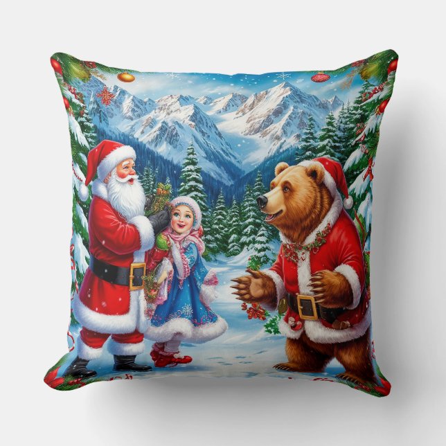 Weihnachtsmann mit Mädchen und Bären Kissen (Vorderseite)