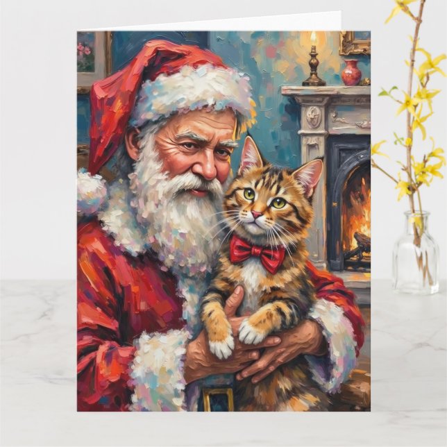 Weihnachtsmann mit Maine Coon Katze Weihnachtskuns Karte (Gelbe Blume)