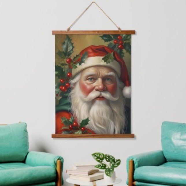 Weihnachtsmann mit Mistelzweig Wandteppich Mit Holzrahmen (Wood topped 100% polyester hemmed edges twine for hanging. 
)