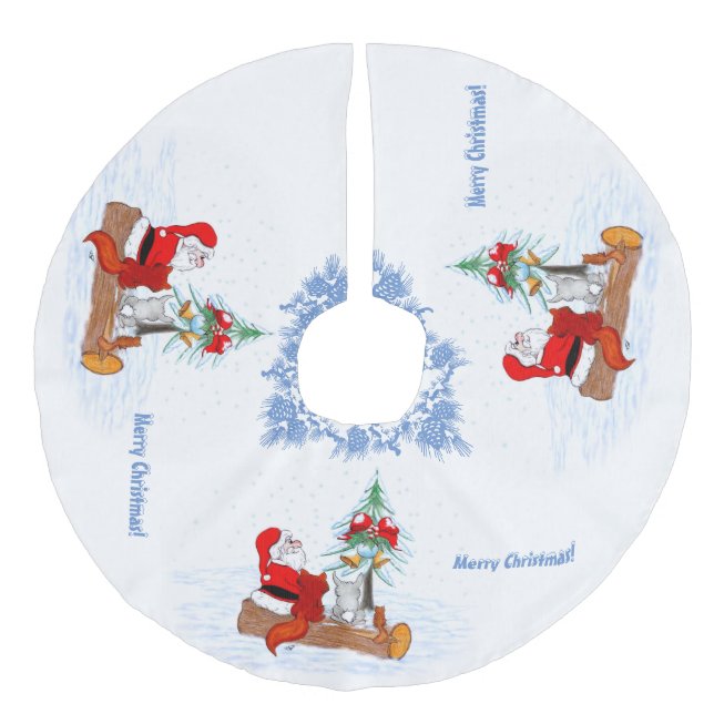 Weihnachtsmann mit Rabbit Fox und Eichhörnchen Leinenimitat Weihnachtsbaumdecke (Vorderseite)