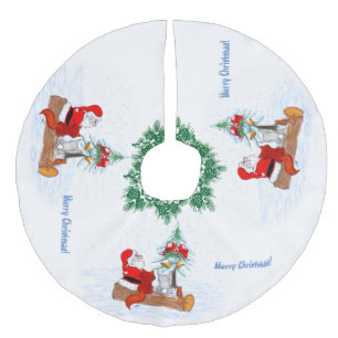 Weihnachtsmann mit Rabbit Fox und Eichhörnchen Leinenimitat Weihnachtsbaumdecke