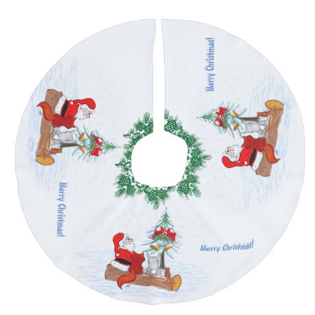 Weihnachtsmann mit Rabbit Fox und Eichhörnchen Leinenimitat Weihnachtsbaumdecke (Vorderseite)