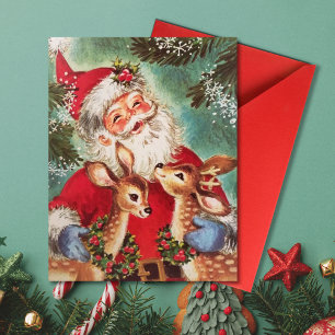Weihnachtsmann mit Rentier im Vintage-Stil Feiertagskarte