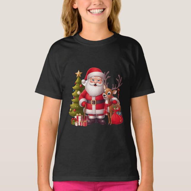 Weihnachtsmann mit Rentier und festlicher Baum - H T-Shirt (Vorderseite)