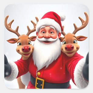 Weihnachtsmann mit Rentieren feiert Weihnachten Quadratischer Aufkleber