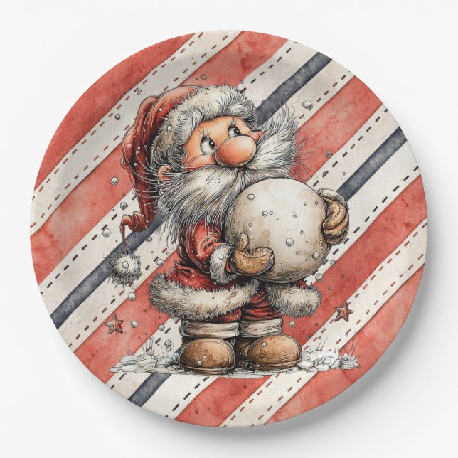 Weihnachtsmann mit riesigem Schneeball  Pappteller (Vorderseite)