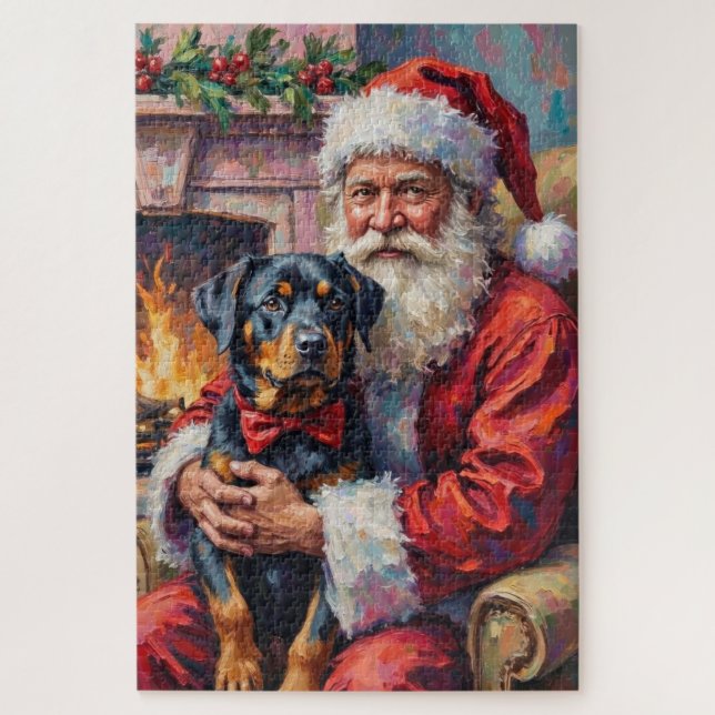 Weihnachtsmann mit Rottweiler Weihnachtskunst Puzzle (Vertikal)