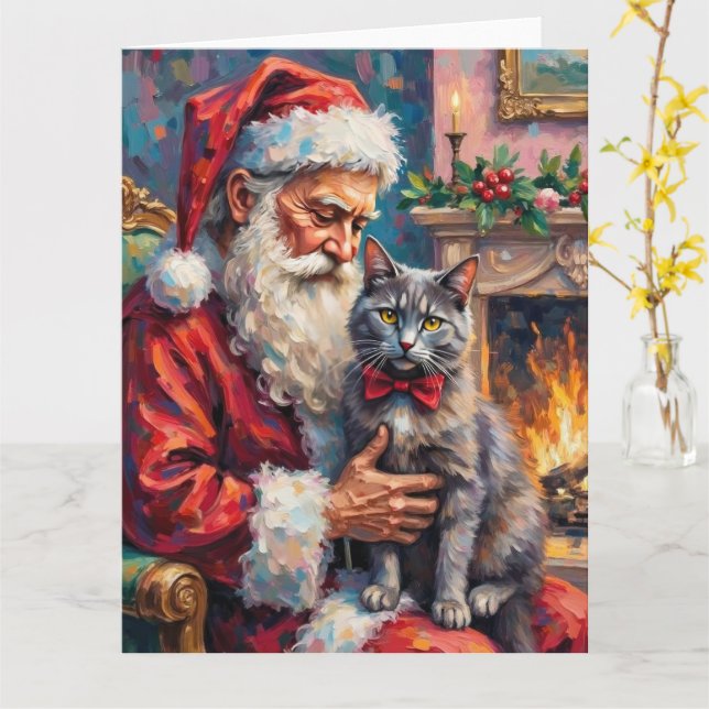Weihnachtsmann mit Russisch Blau Katze Weihnachtsk Karte (Gelbe Blume)