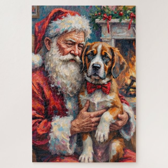 Weihnachtsmann mit Saint Bernard Weihnachtskunst Puzzle (Vertikal)
