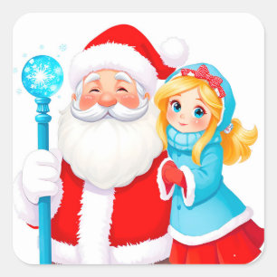 Weihnachtsmann mit Schneemädchen in Winterkleidung Quadratischer Aufkleber