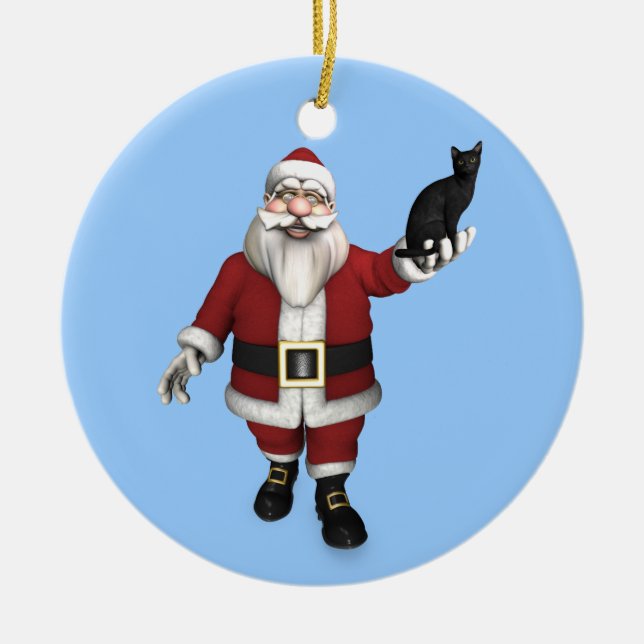 Weihnachtsmann mit schwarzer Katze Keramik Ornament (Vorne)