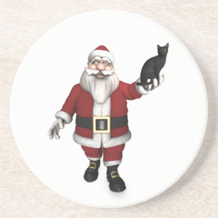Weihnachtsmann mit schwarzer Katze Sandstein Untersetzer
