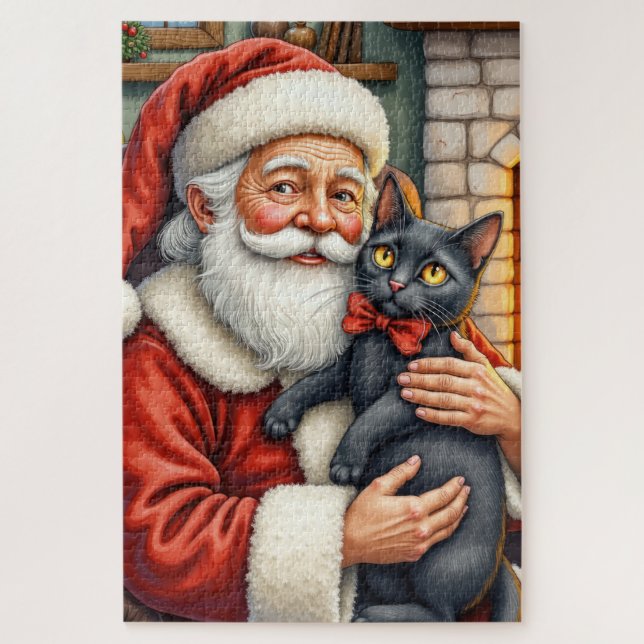 Weihnachtsmann mit schwarzer Katze - Weihnachtskun Puzzle (Vertikal)