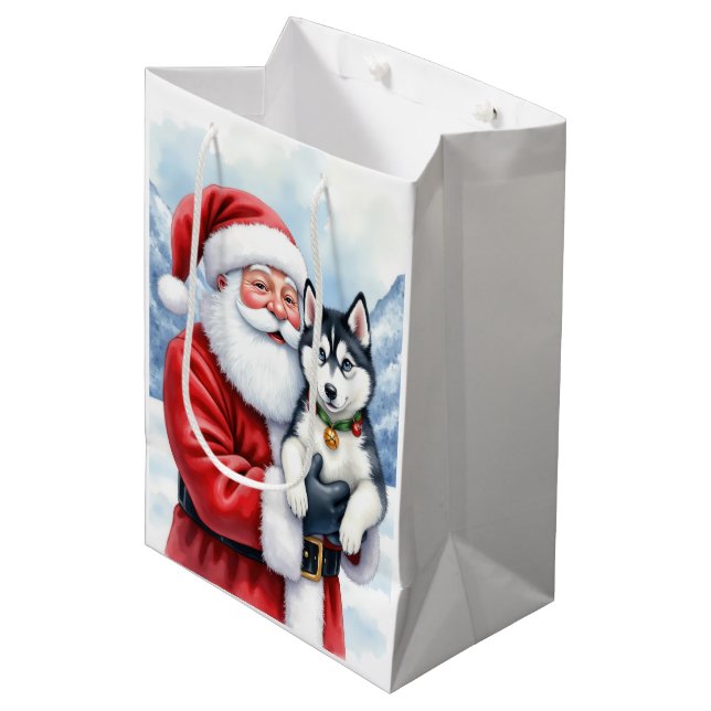 Weihnachtsmann mit Sibirischem Husky - Weihnachtsk Mittlere Geschenktüte (Vorderseite Schrägansicht)