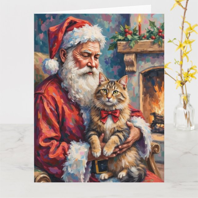 Weihnachtsmann mit Sibirischer Katze - Weihnachtsk Karte (Gelbe Blume)