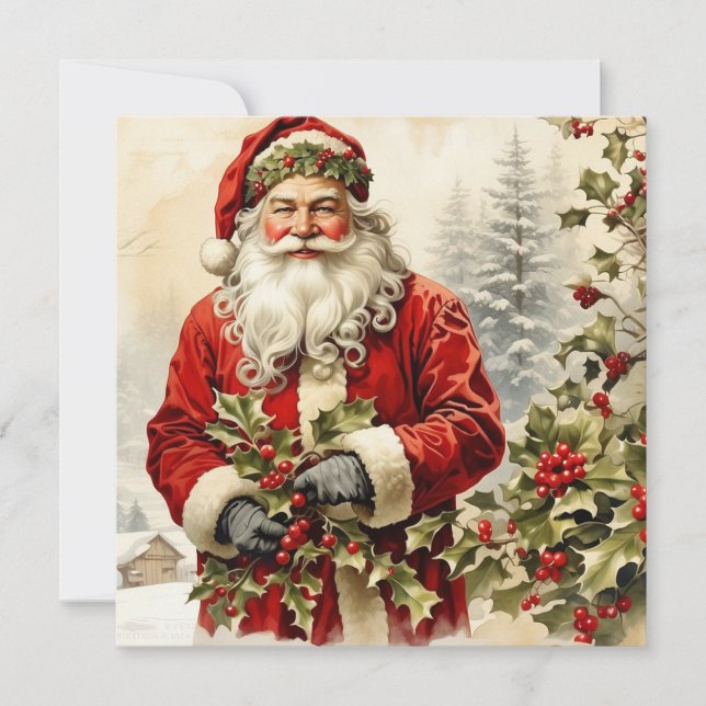 Weihnachtsmann mit Stechpalmenbeere Feiertagskarte (Vorderseite)