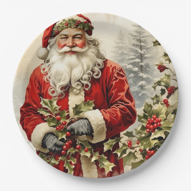 Weihnachtsmann mit Stechpalmenbeere Pappteller (Vorderseite)
