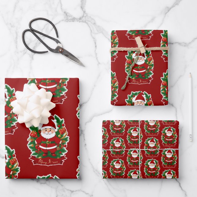 Weihnachtsmann mit Tannenzweigen -  Geschenkpapier Set (Vorderseite)