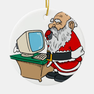 Weihnachtsmann mit Telefon und Computer Keramik Ornament