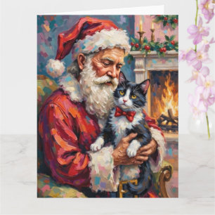Weihnachtsmann mit Tuxedo-Katze Weihnachtskunst Karte