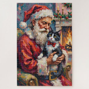 Weihnachtsmann mit Tuxedo-Katze Weihnachtskunst Puzzle