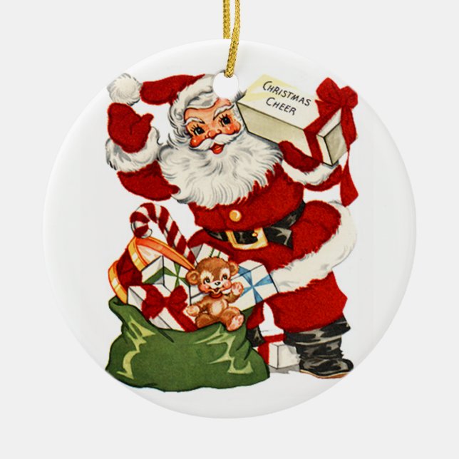 Weihnachtsmann mit Weihnachtsgeschenk Vintage Verz Keramik Ornament (Vorne)