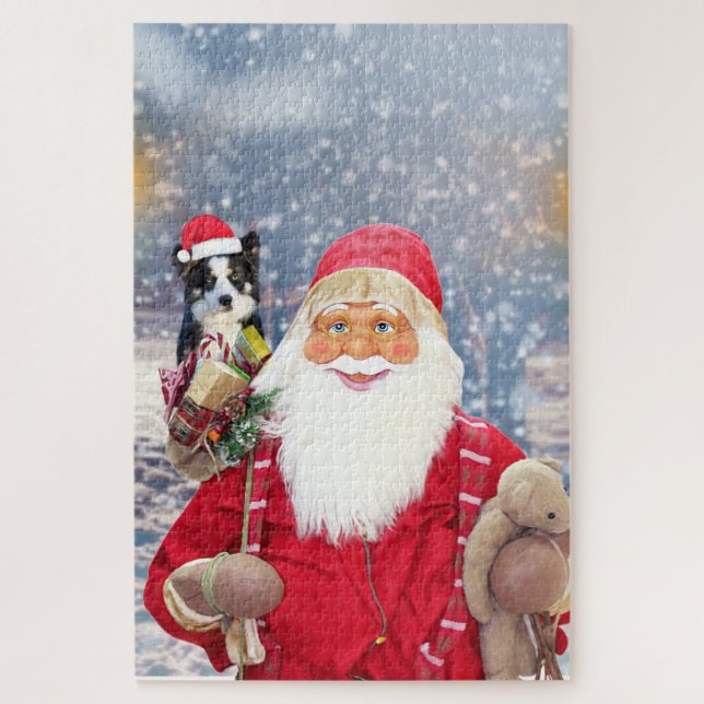 Weihnachtsmann mit Weihnachtsgeschenken Border Col Puzzle (Vertikal)