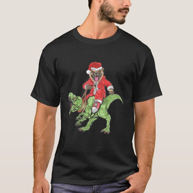 Weihnachtsmann Mops Hund Reiten Ein Dinosaurier Tr T-Shirt (Vorderseite)