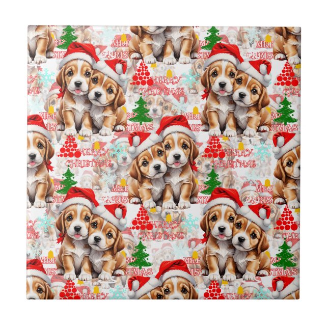 Weihnachtsmann-Mütze-Hund-Welpen-Design - Weiß Fliese (Vorderseite)