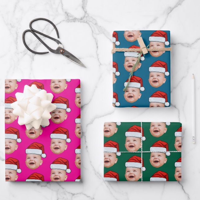 Weihnachtsmann-Mütze mit individuellem Gesichtsfot Geschenkpapier Set (Vorderseite)