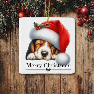 Weihnachtsmann-Mütze zwinkerndes Basset-Hound-Welp Keramikornament